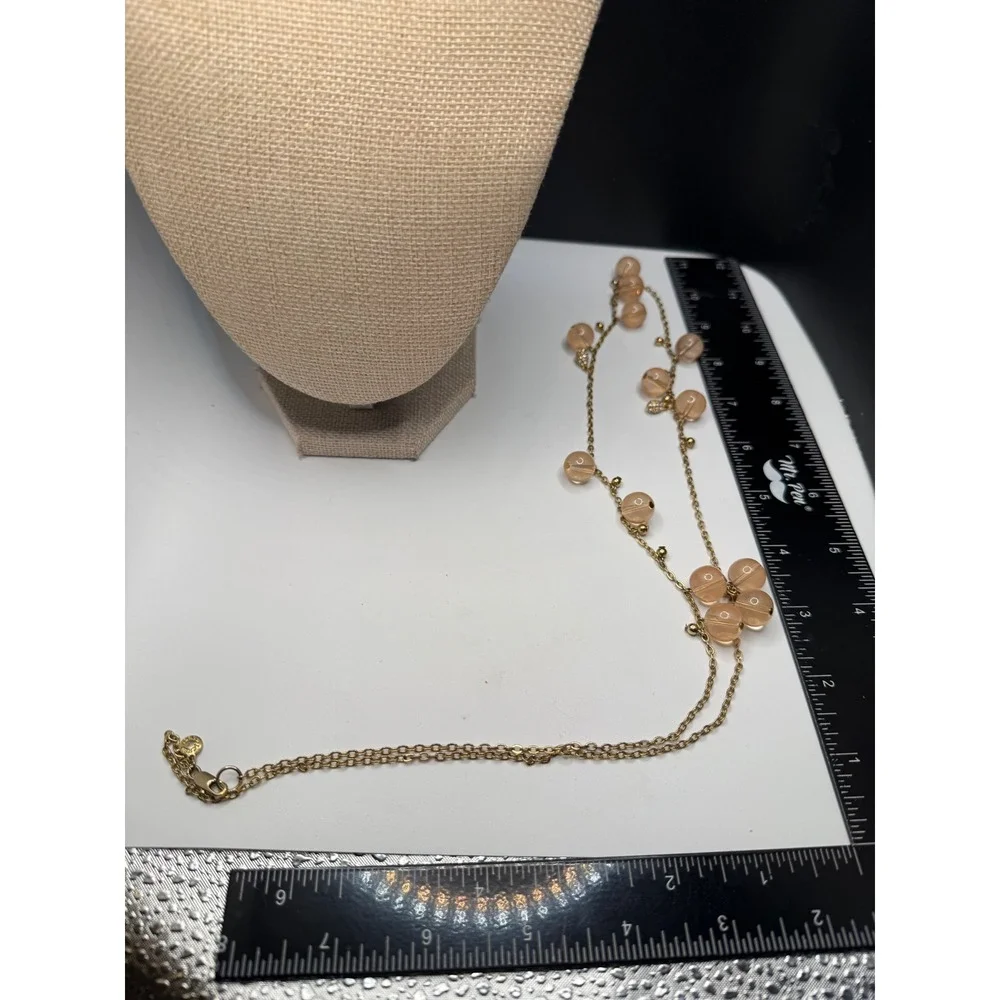 J.Crew Gold Tone Long Peach‎ Bead Pave Crystal Charm Necklace with Dust Bag